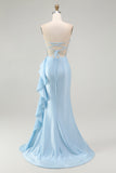 Sparkly Light Blue Mermaid Corset Beaded Long Prom Dress with Slit