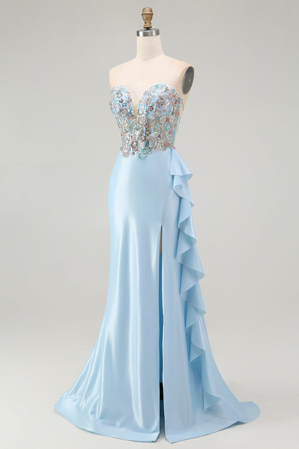 Sparkly Light Blue Mermaid Corset Beaded Long Prom Dress with Slit