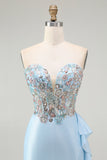 Sparkly Light Blue Mermaid Corset Beaded Long Prom Dress with Slit