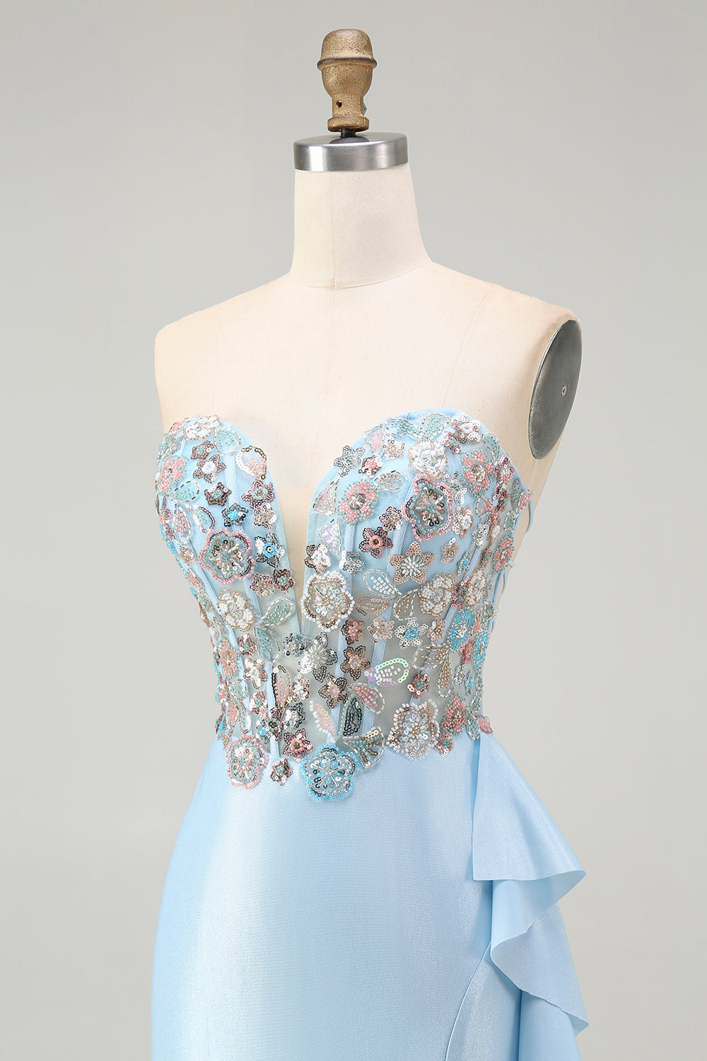 Sparkly Light Blue Mermaid Corset Beaded Long Prom Dress with Slit