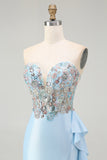 Sparkly Light Blue Mermaid Corset Beaded Long Prom Dress with Slit