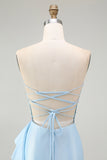 Sparkly Light Blue Mermaid Corset Beaded Long Prom Dress with Slit