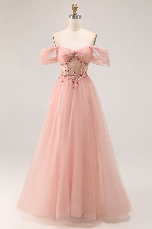 Sparkly Blush Off the Shoulder Long Prom Dress with Sequins