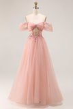 Sparkly Blush Off the Shoulder Long Prom Dress with Sequins