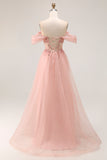 Sparkly Blush Off the Shoulder Long Prom Dress with Sequins