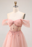 Sparkly Blush Off the Shoulder Long Prom Dress with Sequins
