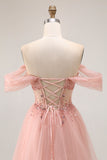 Sparkly Blush Off the Shoulder Long Prom Dress with Sequins