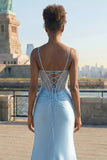 Sparkly Grey Blue Mermaid Appliqued Long Corset Prom Dress with Slit