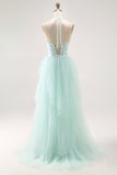 Sparkly Light Green Halter Detachable Train  Long Prom Dress with Beading