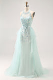 Sparkly Light Green Halter Detachable Train  Long Prom Dress with Beading