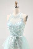 Sparkly Light Green Halter Detachable Train  Long Prom Dress with Beading