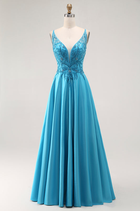 Sparkly Blue A Line Satin Long Prom Dress with Beading