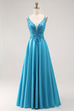 Sparkly Blue A Line Satin Long Prom Dress with Beading