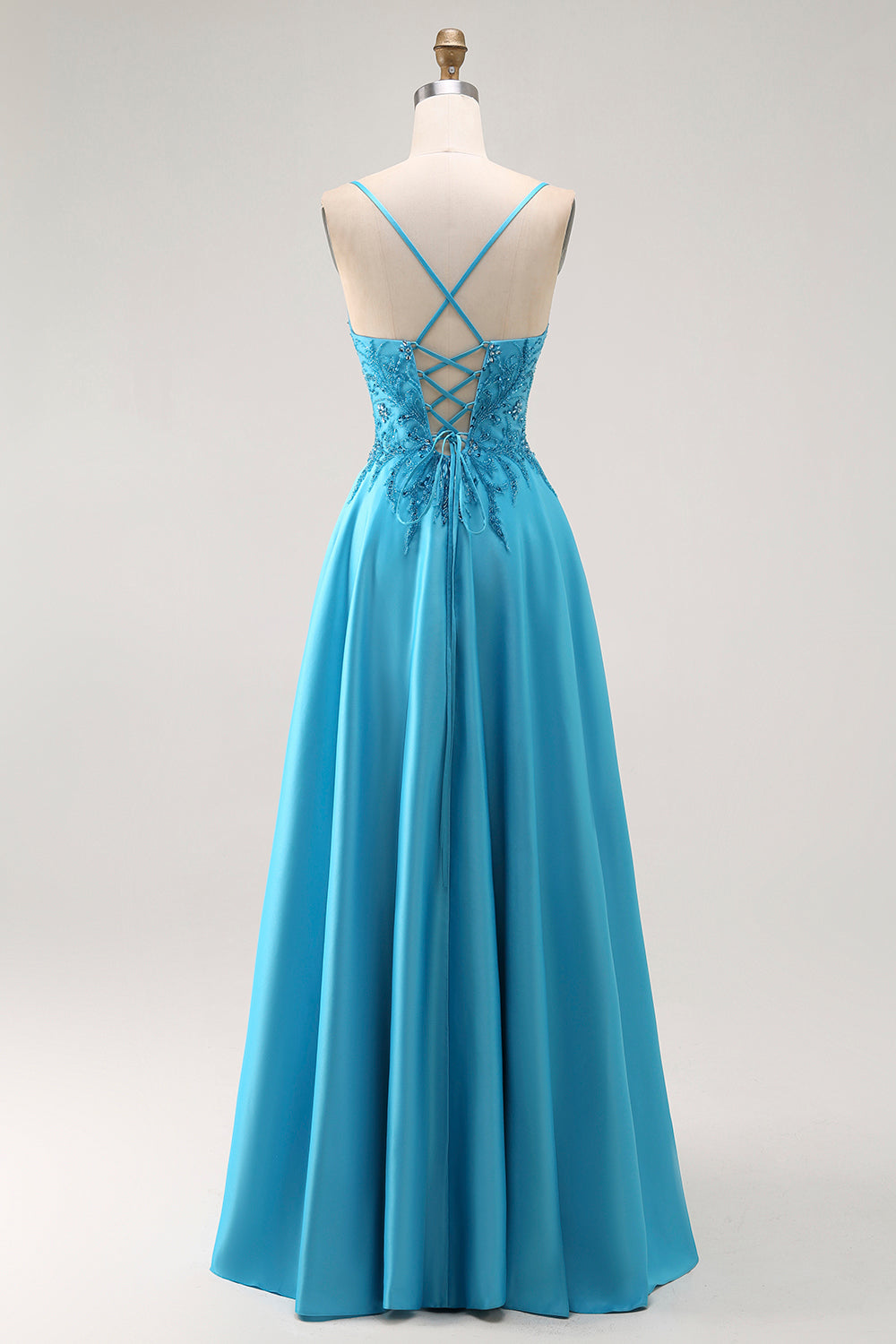 Sparkly Blue A Line Satin Long Prom Dress with Beading