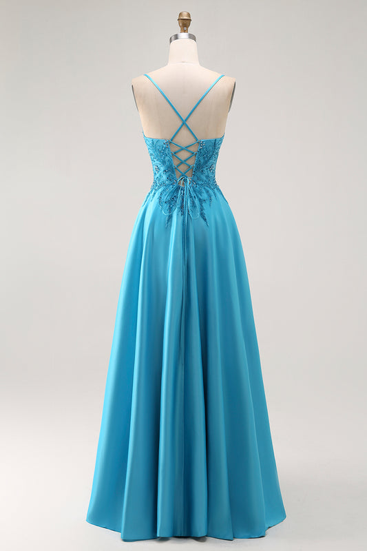 Sparkly Blue A Line Satin Long Prom Dress with Beading