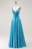 Sparkly Blue A Line Satin Long Prom Dress with Beading