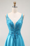 Sparkly Blue A Line Satin Long Prom Dress with Beading