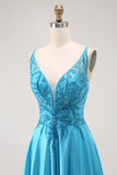 Sparkly Blue A Line Satin Long Prom Dress with Beading