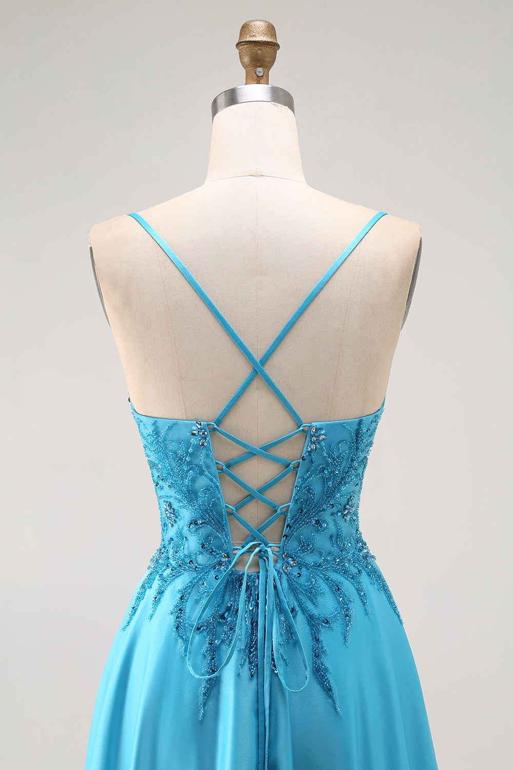 Sparkly Blue A Line Satin Long Prom Dress with Beading
