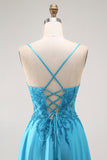 Sparkly Blue A Line Satin Long Prom Dress with Beading