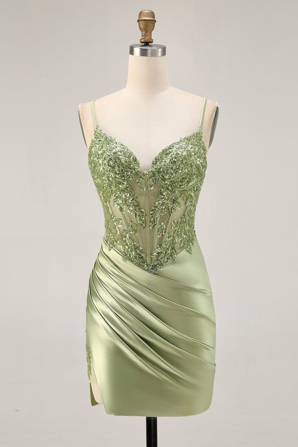 Sparkly Sage Green Corset Tight Short Satin Homecoming Dress with Sequins