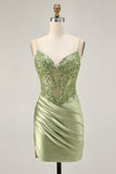 Sparkly Sage Green Corset Tight Short Satin Homecoming Dress with Sequins
