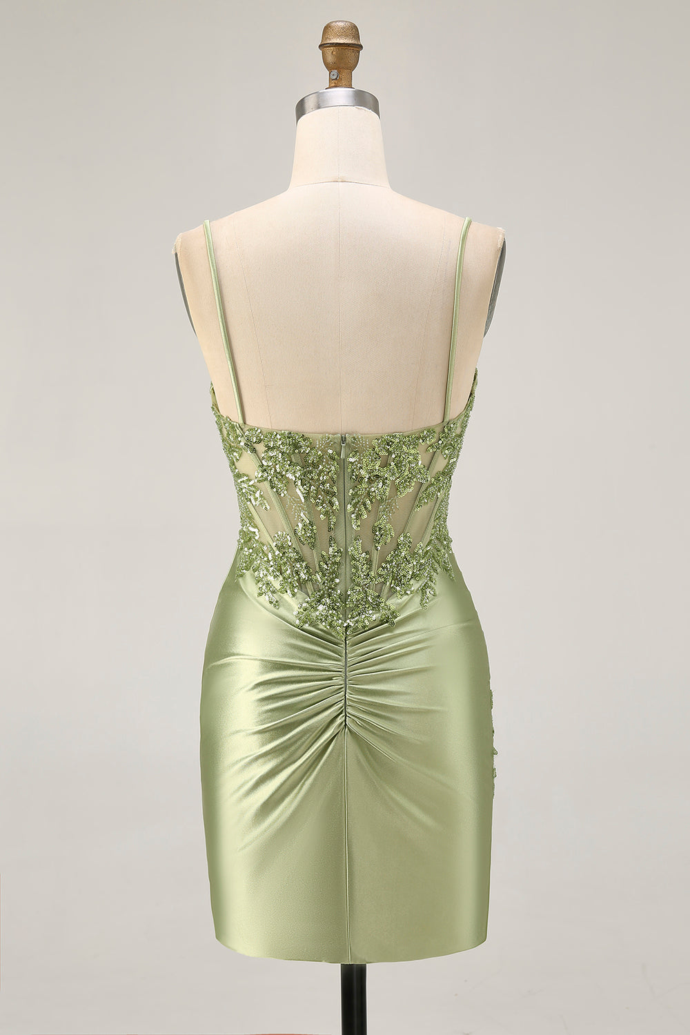 Sparkly Sage Green Corset Tight Short Satin Homecoming Dress with Sequins