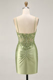 Sparkly Sage Green Corset Tight Short Satin Homecoming Dress with Sequins