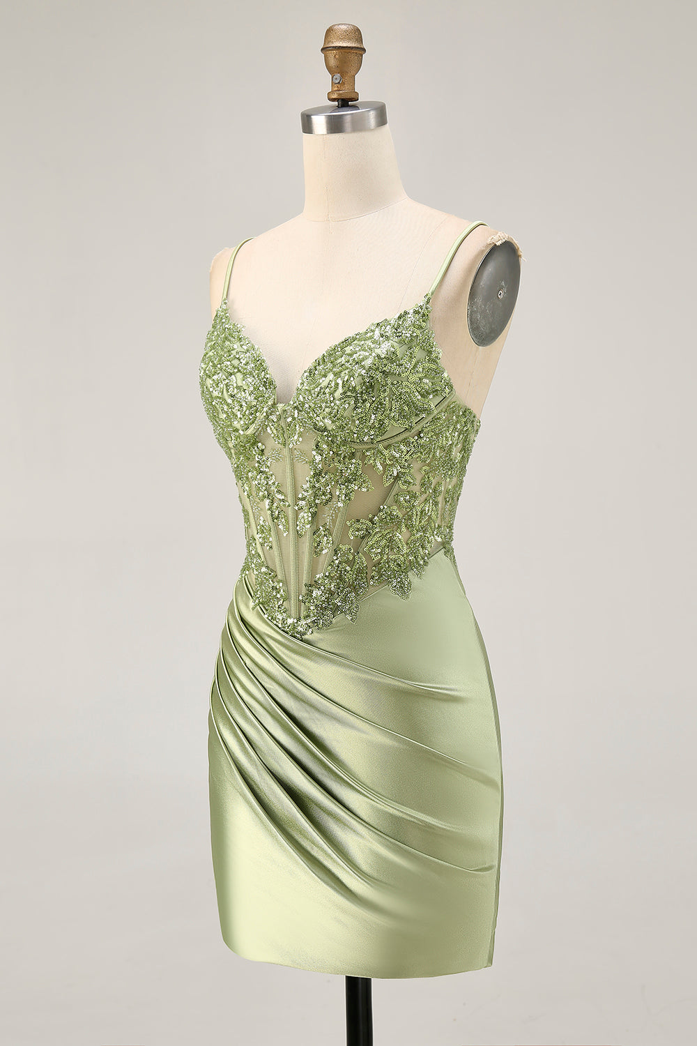 Sparkly Sage Green Satin Tight Short Corset Homecoming Dress with Sequins