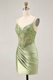 Sparkly Sage Green Satin Tight Short Corset Homecoming Dress with Sequins