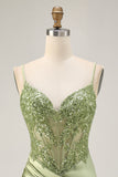Sparkly Sage Green Satin Tight Short Corset Homecoming Dress with Sequins