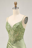 Sparkly Sage Green Satin Tight Short Corset Homecoming Dress with Sequins