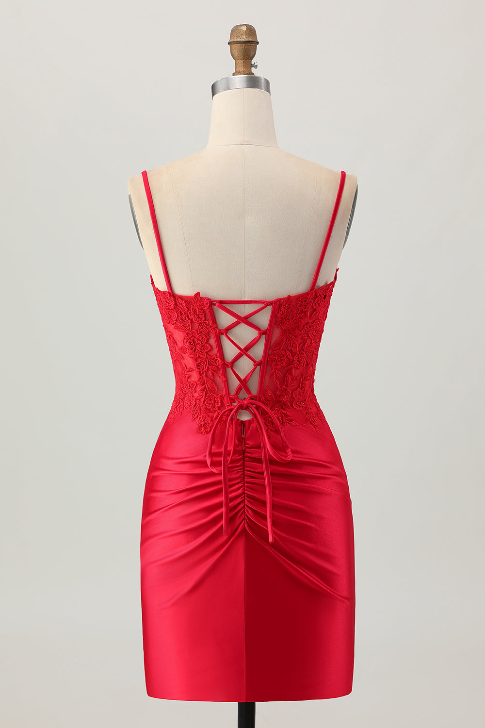 Zapakasa Women Dark Red Satin Tight Short Corset Homecoming Dress with Lace Spaghetti Straps Ruched Cocktail Dress