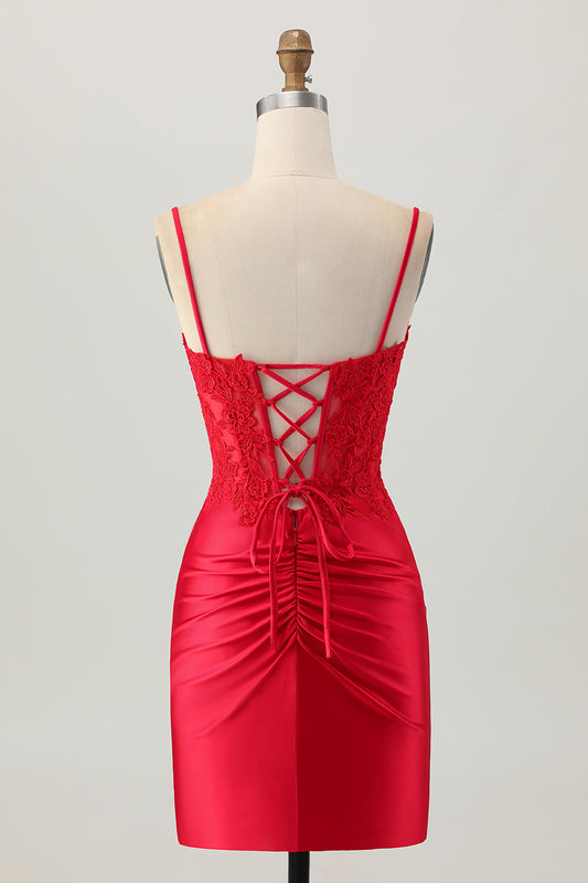 Dark Red Satin Corset Short Tight Homecoming Dress with Lace