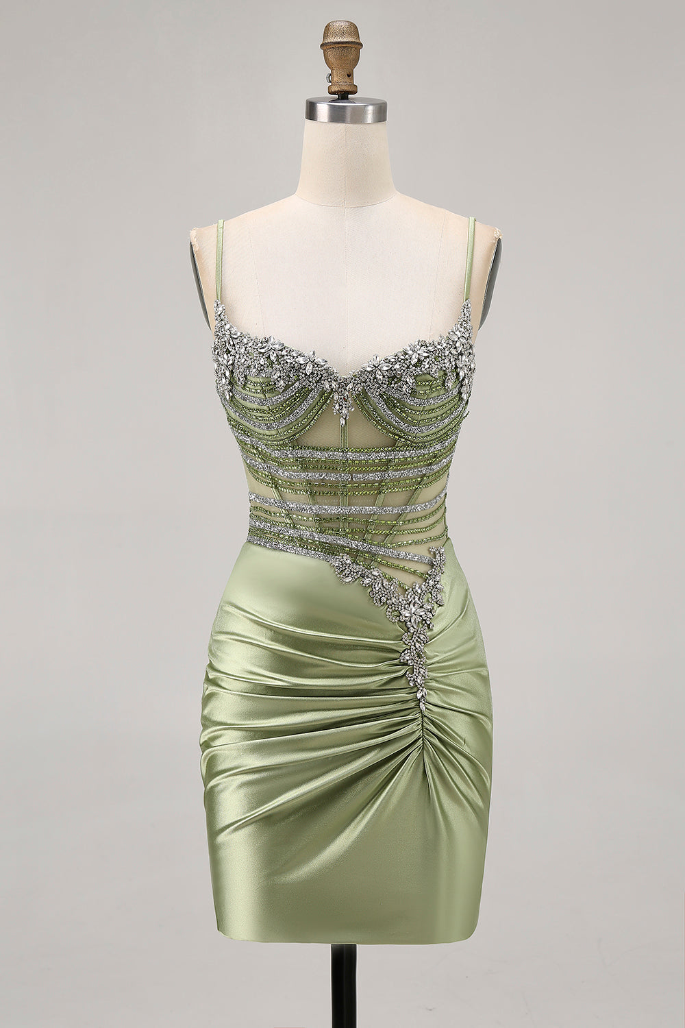 Zapaka Women Sparkly Sage Green Corset Short Homecoming Dress with Rhinestones Satin Tight Ruched Spaghetti Straps Hoco Dress with Beading