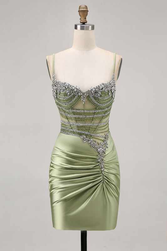 Sparkly Sage Green Corset Tight Short Homecoming Dress with Rhinestones