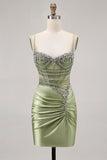Zapaka Women Sparkly Sage Green Corset Short Homecoming Dress with Rhinestones Satin Tight Ruched Spaghetti Straps Hoco Dress with Beading