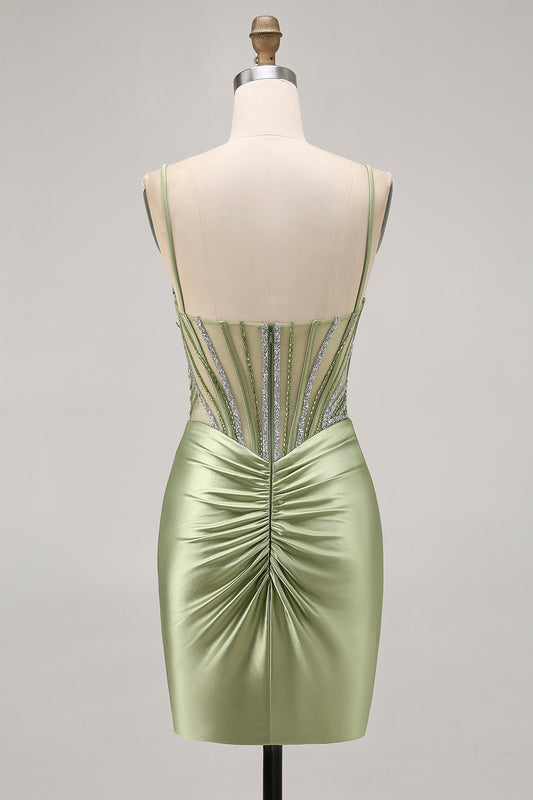 Sparkly Sage Green Corset Tight Short Homecoming Dress with Rhinestones