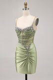Sparkly Sage Green Corset Tight Short Homecoming Dress with Rhinestones