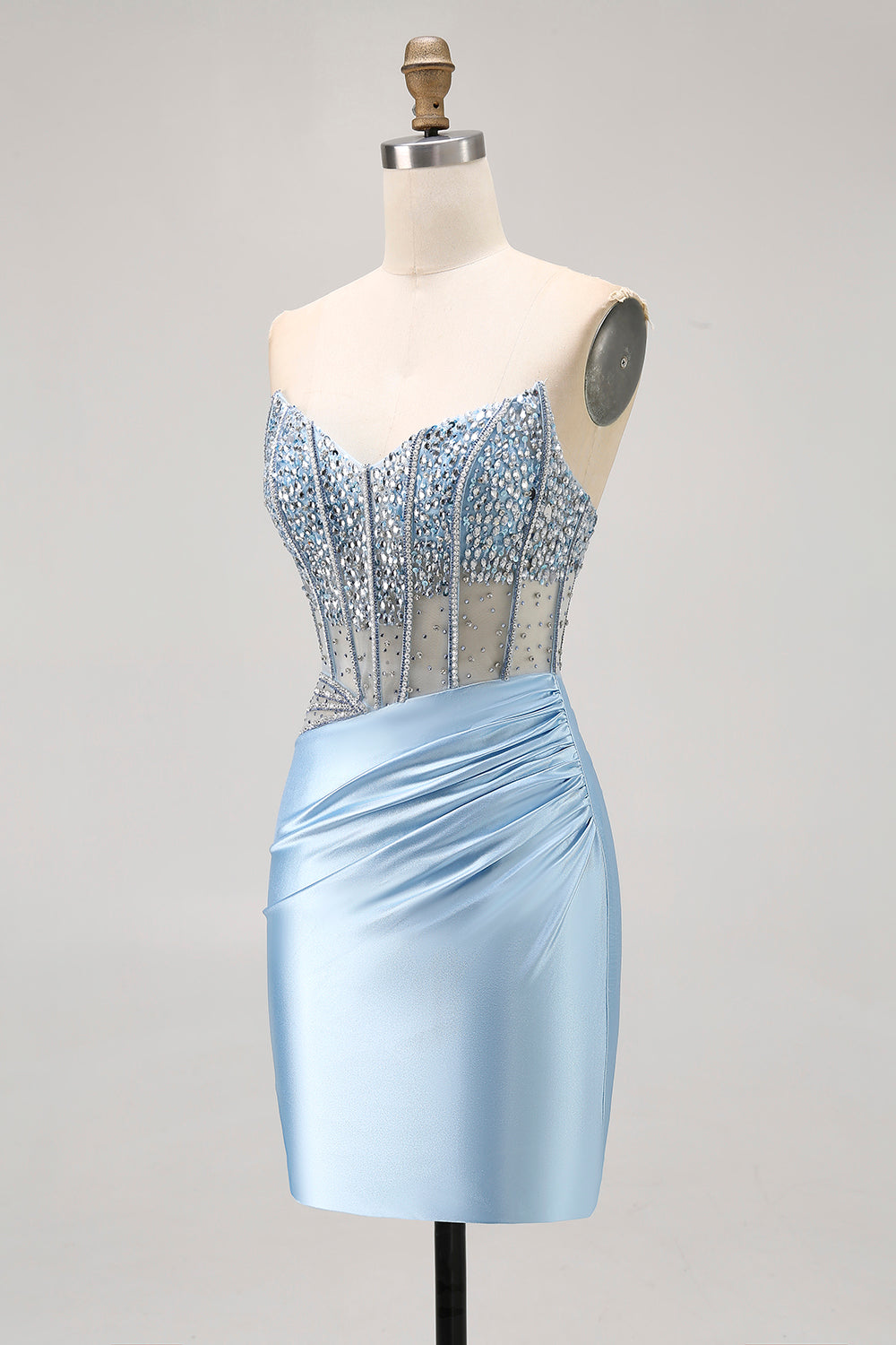 blue corset homecoming dress Zapakasa Women Sparkly Light Blue Short Corset Homecoming Dress with Rhinestones Tight Satin Strapless Ruched Cocktail Dress