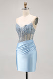 Sparkly Light Blue Tight Short Corset Homecoming Dress with Rhinestones