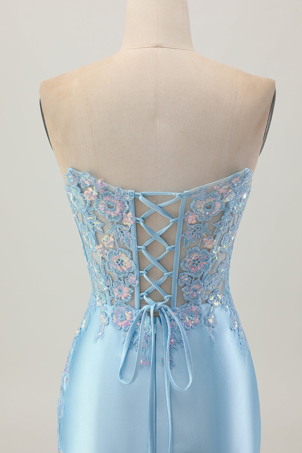 Light Blue Satin Ruched Short Corset Homecoming Dress with Appliques