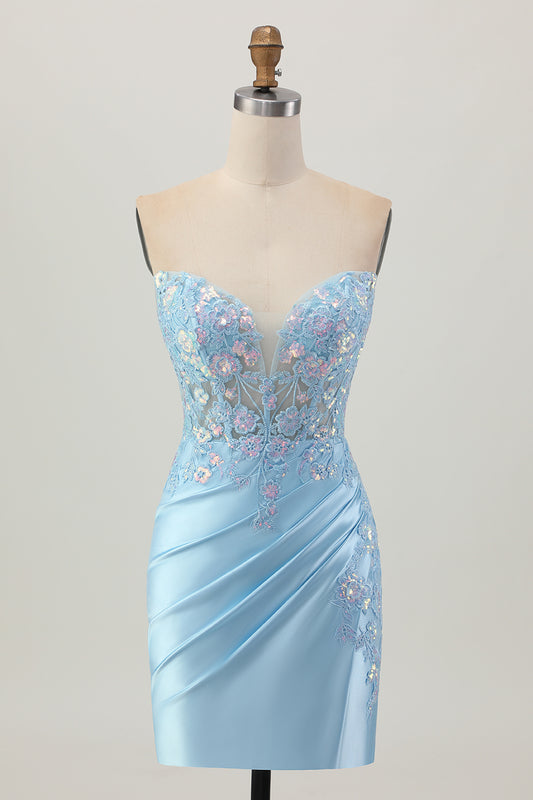 Light Blue Satin Ruched Short Corset Homecoming Dress with Appliques