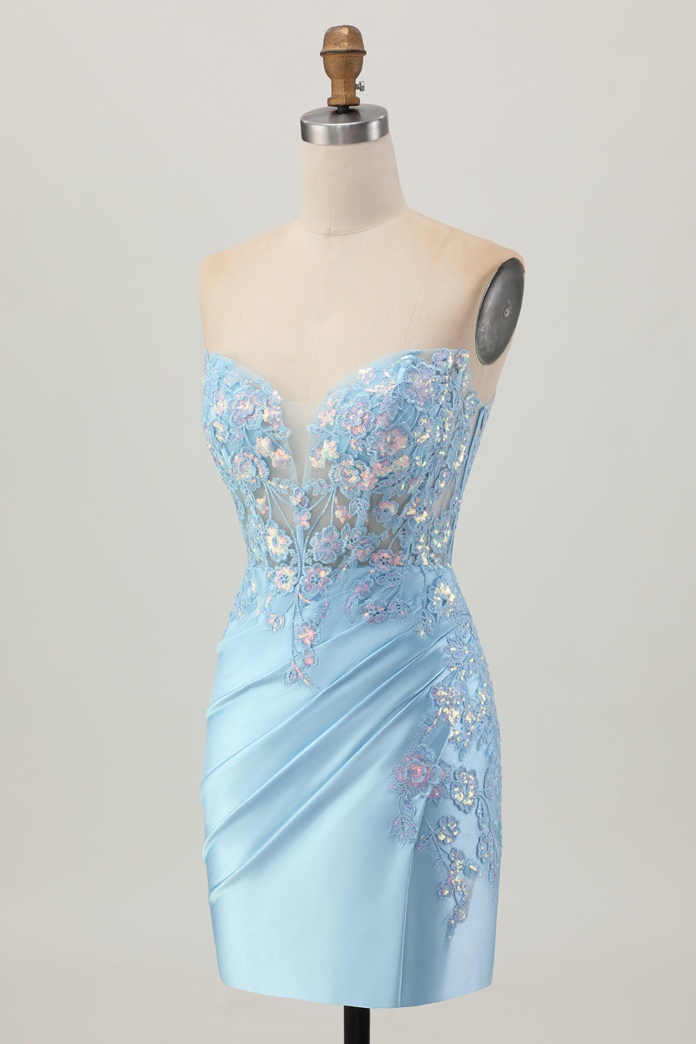 Light Blue Satin Ruched Short Corset Homecoming Dress with Appliques