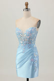 Light Blue Satin Ruched Short Corset Homecoming Dress with Appliques