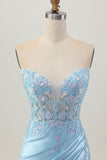 Light Blue Satin Ruched Short Corset Homecoming Dress with Appliques