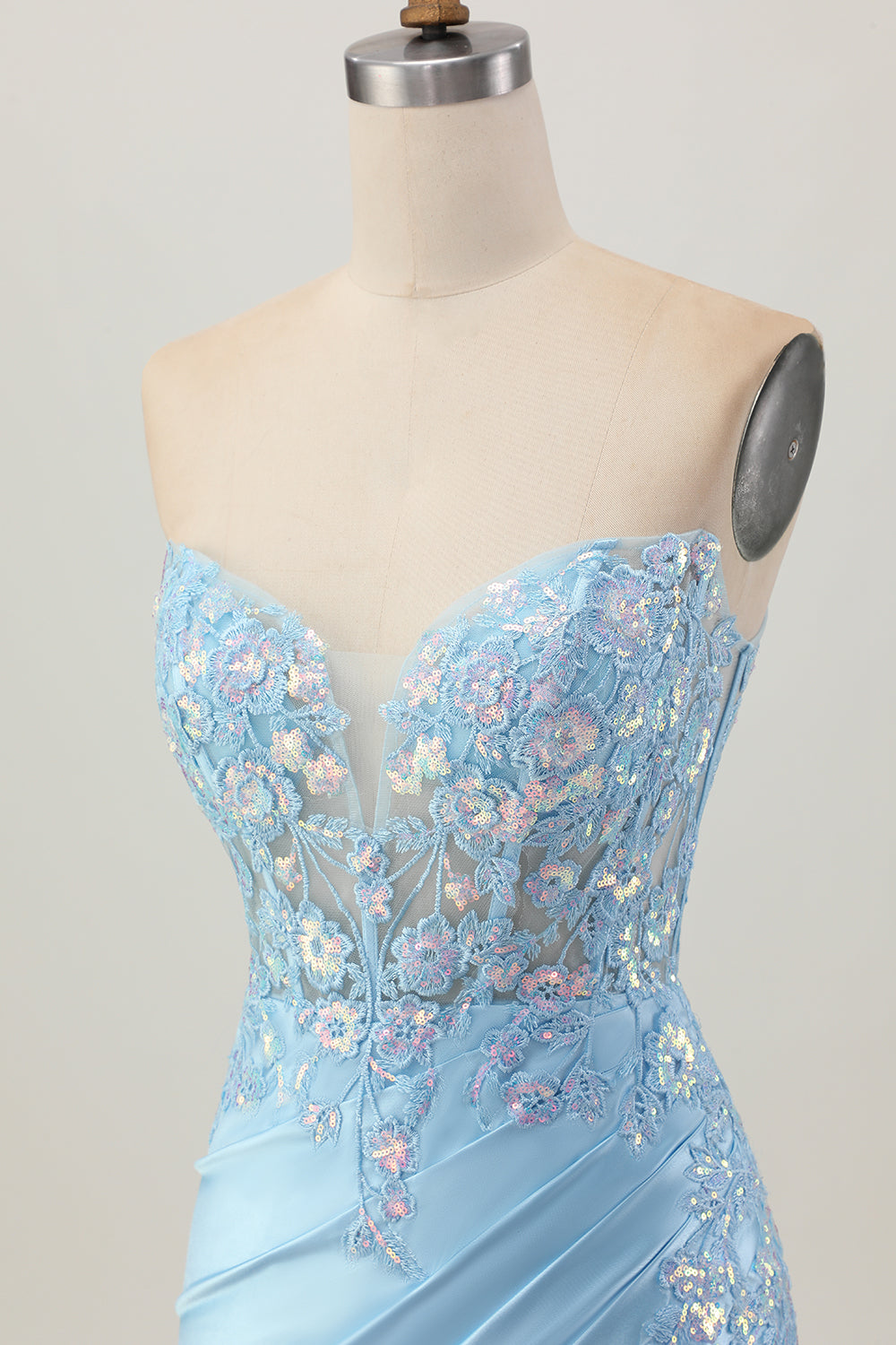 Light Blue Satin Ruched Short Corset Homecoming Dress with Appliques