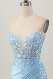 Light Blue Satin Ruched Short Corset Homecoming Dress with Appliques