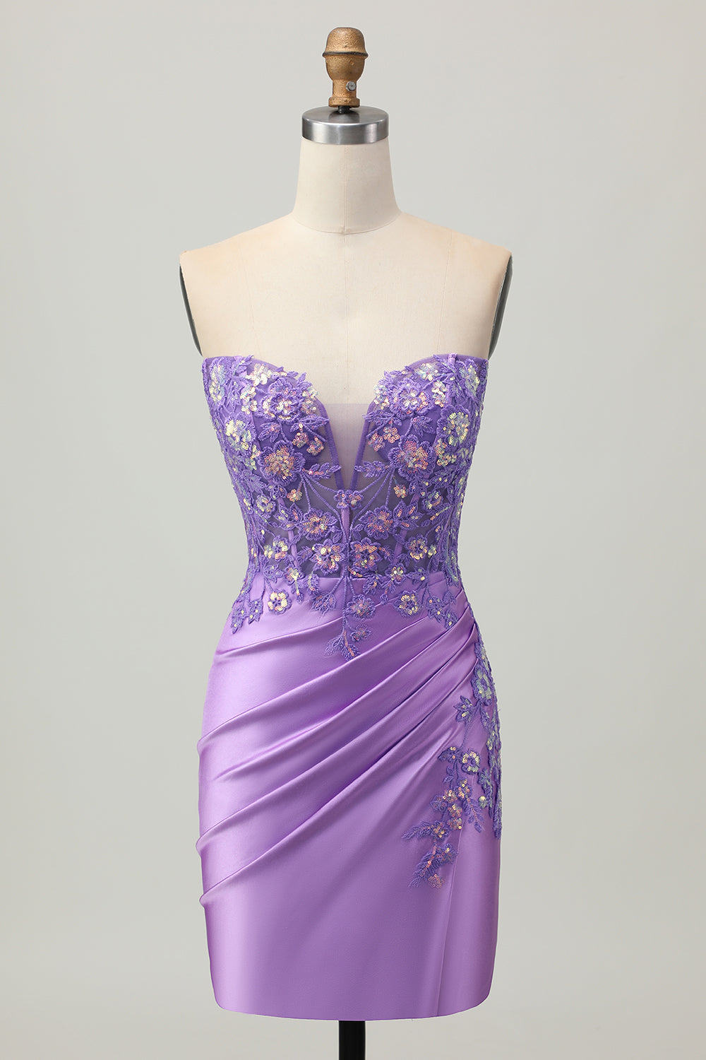 Light Blue Satin Ruched Short Corset Homecoming Dress with Appliques