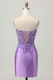 Light Blue Satin Ruched Short Corset Homecoming Dress with Appliques